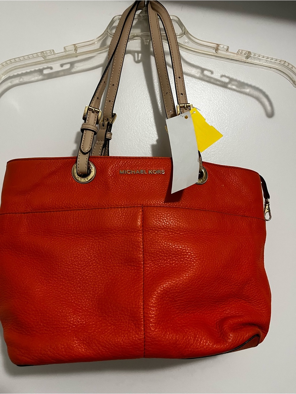 Michael Kors Orange Leather Shoulder Tote with Beige Straps